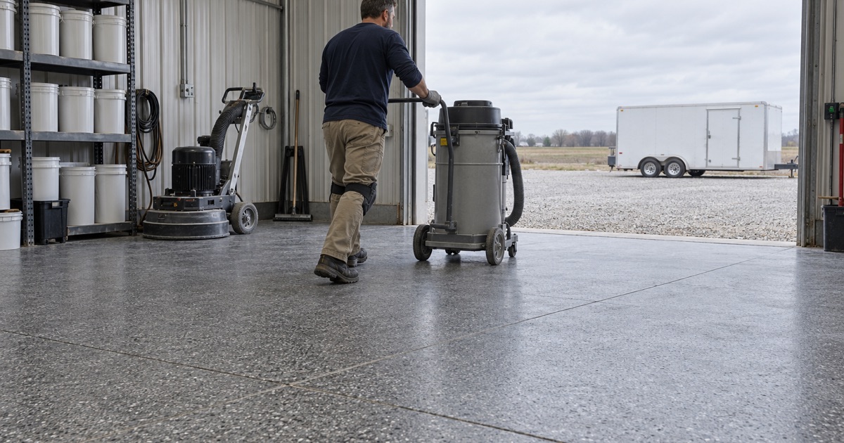 A dust extractor rolled across the flake-coated shop floor of a Cedar Falls epoxy flooring crew, a grinder and an enclosed trailer behind.