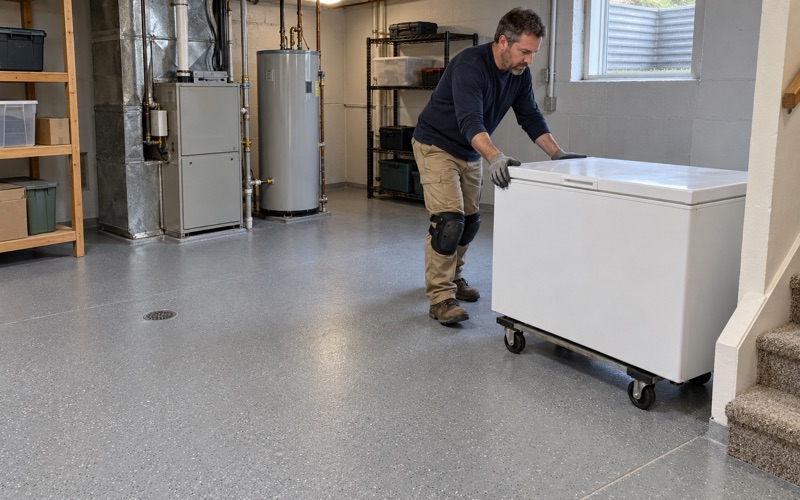 A chest freezer rolled on a dolly onto a new gray quartz epoxy floor in the lower level of a Cedar Falls split-level.