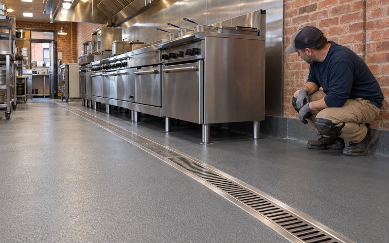 A urethane cement kitchen floor with an integral coved base and trench drain in a downtown Cedar Falls restaurant, the cove checked behind the range.