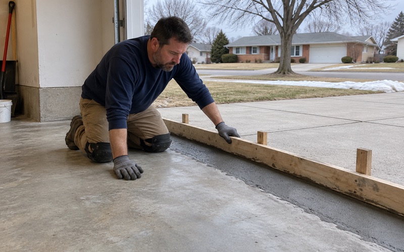 A salt-spalled garage door threshold at a Cedar Falls ranch house cut back and refilled with repair mortar against a staked form board.