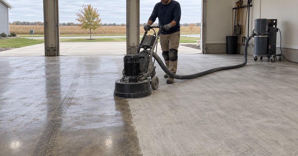 A walk-behind planetary grinder opening an old sealed slab in a newer Cedar Falls three-car garage, the ground lane beside the glossy old sealer.