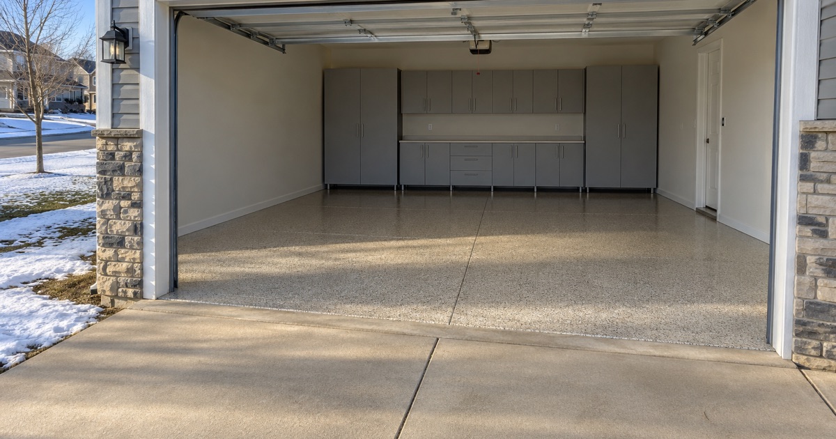 A finished tan, gray and white flake floor in the open attached garage of a newer Cedar Falls two-story on a bright late-winter morning.