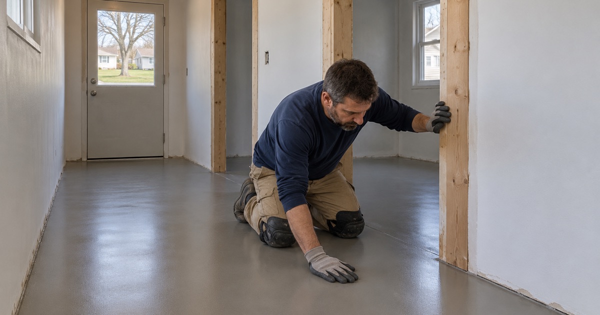 A newly coated hall in an Evansdale remodel, its framed door openings left empty for the prehung doors and trim that arrive after the coating cures.