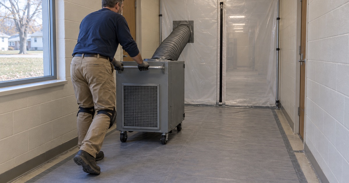A HEPA air scrubber wheeled toward a plastic containment wall in an Oelwein hospital service corridor before the floor is ground.