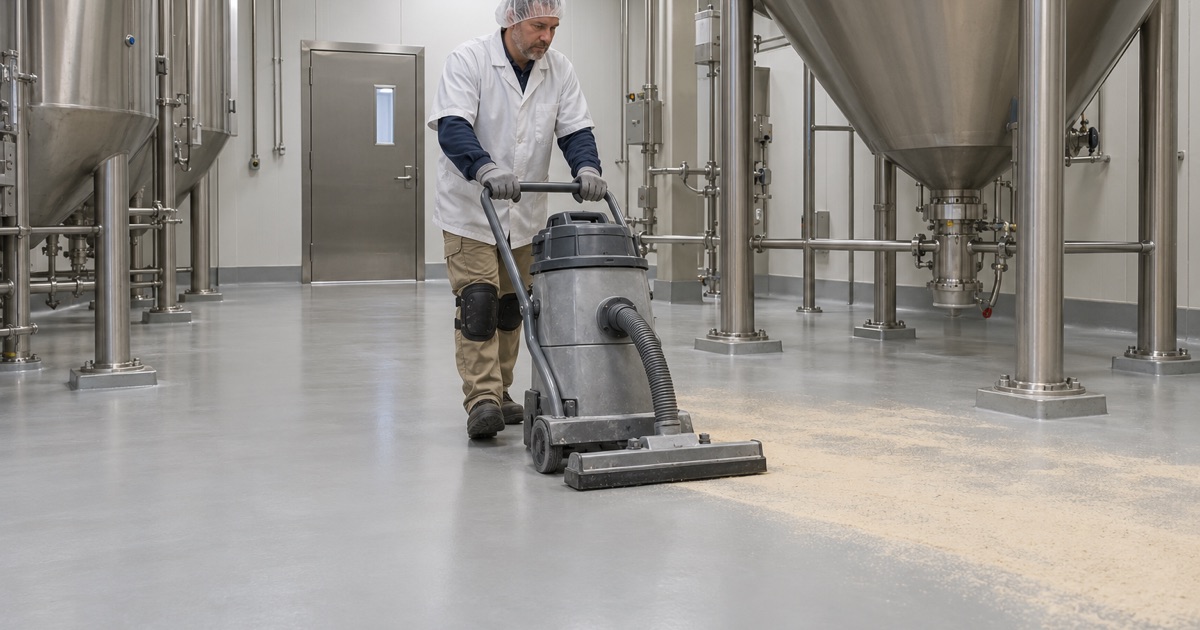 A walk-behind vacuum run across the seamless floor of a dry powder blending room in Waverly, its joints filled flush so powder has nowhere to sit.