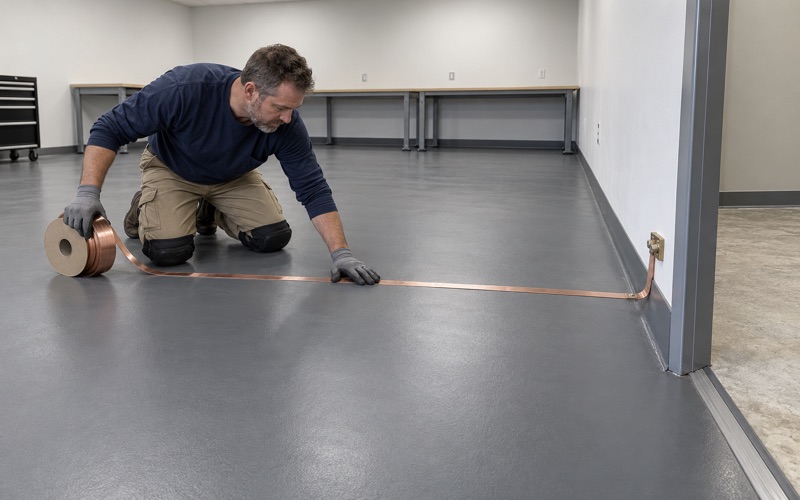 A copper grounding strip being pressed down on the primed floor of a Cedar Falls electronics room before the static-dissipative epoxy goes on.