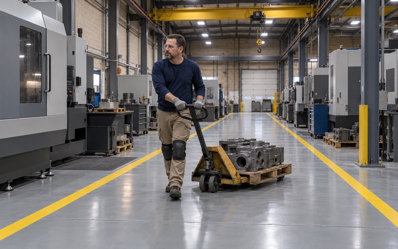 A pallet of gray iron castings moved on a pallet jack down a yellow-lined aisle on the new epoxy floor of a Cedar Falls machining plant.