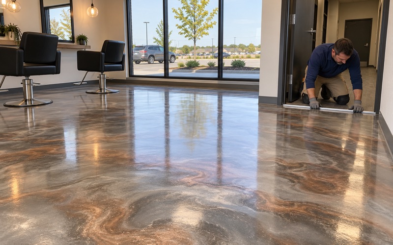 A brushed aluminum transition strip pressed into place at the back doorway of a new silver and copper metallic epoxy floor in a Cedar Falls salon.