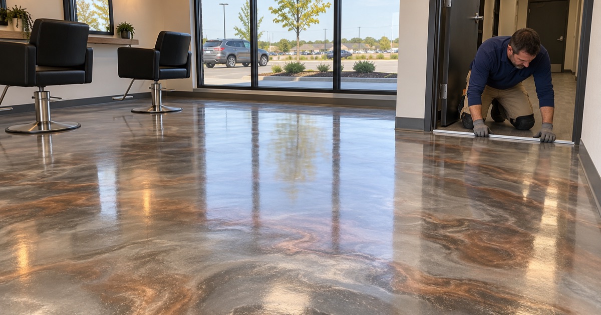 A brushed aluminum transition strip pressed into place at the back doorway of a new silver and copper metallic epoxy floor in a Cedar Falls salon.