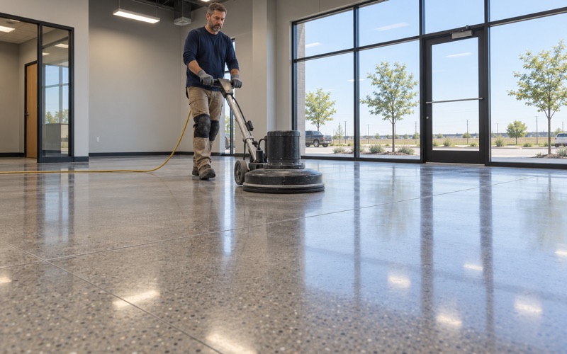 A high-speed burnisher bringing up the shine on a new polished concrete floor in the front office of a Cedar Falls tilt-up building.