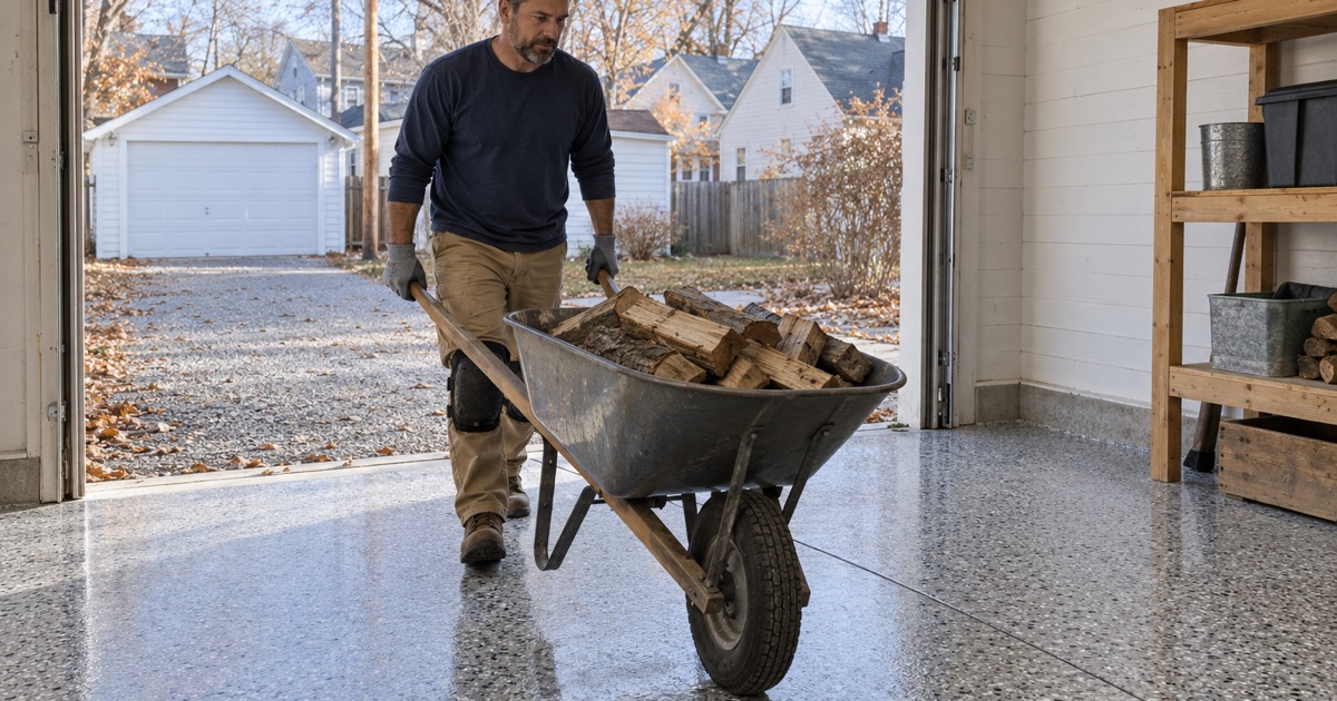 A wheelbarrow of split firewood rolled onto a same-day polyaspartic flake floor in the detached alley garage of an older Cedar Falls house.